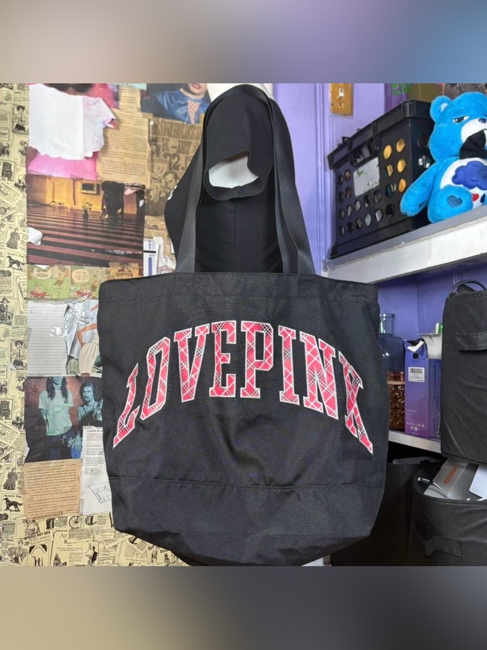 VS PINK Black Plaid Tote Bag